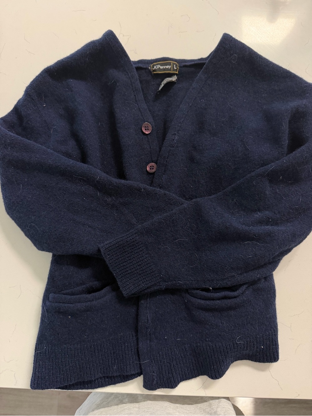 Vintage JCPenney Men's Navy V-Neck Button Cardigan Sweater